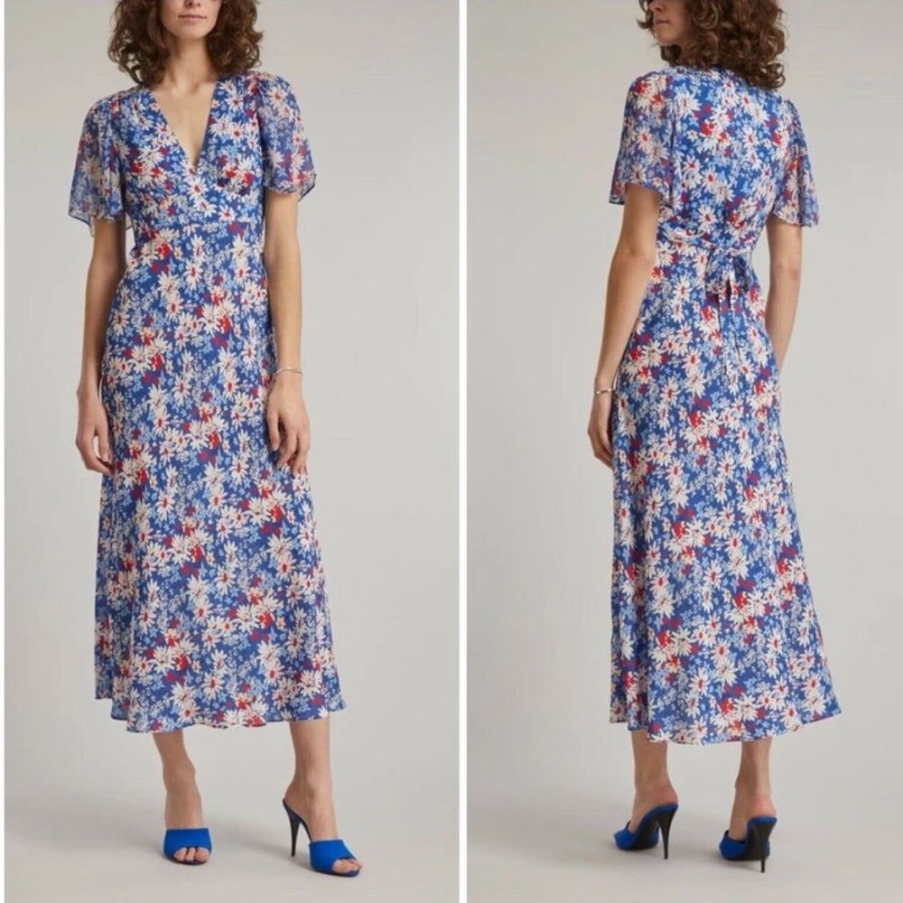 RIXO Blue Floral Midi Dress with Red & White Accents